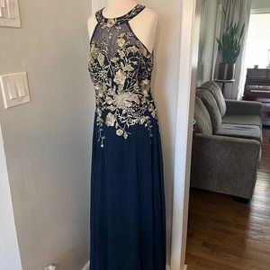Full Length Blue Formal Dress with Gold design
